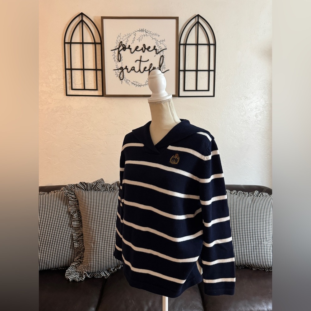 Lauren Ralph Lauren Women Sweater Nautical Emblem Navy Blue White Stripes Sz PM - Picture 10 of 15
